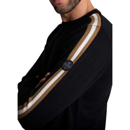 Pull noir uni en maille avec un liseré triclore brodé sur les manches - Image 4