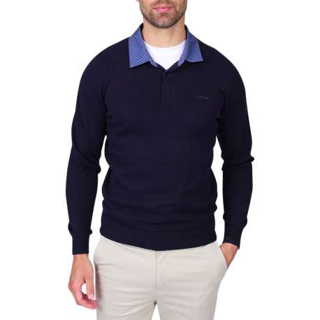 Pull en coton biologique marine à coupe droite pourvu d'un col boutonné