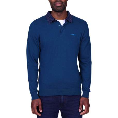 Pull en coton biologique bleu à coupe droite pourvu d'un col boutonné