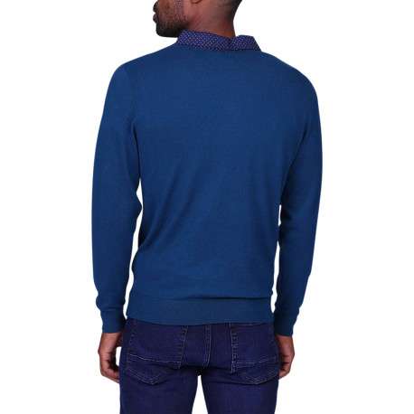 Pull en coton biologique bleu à coupe droite pourvu d'un col boutonné - Image 2