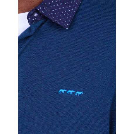Pull en coton biologique bleu à coupe droite pourvu d'un col boutonné - Image 3