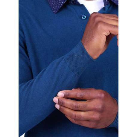 Pull en coton biologique bleu à coupe droite pourvu d'un col boutonné - Image 4