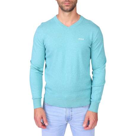 Pull en coton turquoise à coupe droite pourvu d'un léger col v