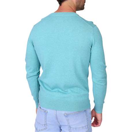 Pull en coton turquoise à coupe droite pourvu d'un léger col v - Image 2