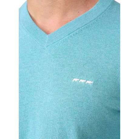 Pull en coton turquoise à coupe droite pourvu d'un léger col v - Image 3
