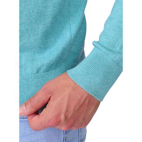 Pull en coton turquoise à coupe droite pourvu d'un léger col v - Image 4