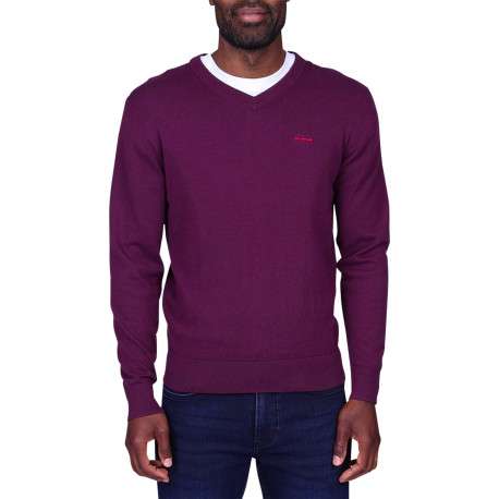 Pull en coton violine à coupe droite pourvu d'un léger col v