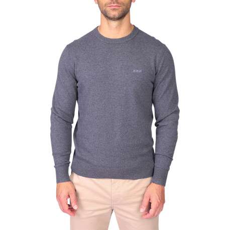 Pull en coton gris à coupe droite pourvu d'un col rond et de manches longues