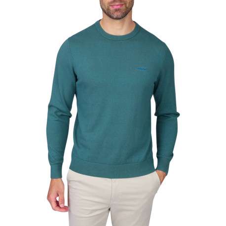 Pull en coton bleu à coupe droite pourvu d'un col rond et de manches longues
