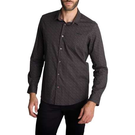 Chemise droite marron en coton à micro-motifs géométriques et manches longues