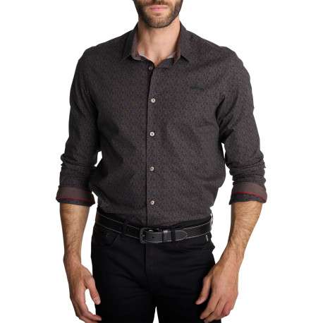 Chemise droite marron en coton à micro-motifs géométriques et manches longues - Image 3