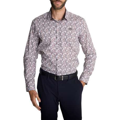 Chemise en coton blanc ornée de micro-motifs bleu et marron à coupe droite