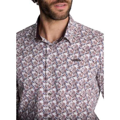 Chemise en coton blanc ornée de micro-motifs bleu et marron à coupe droite - Image 3