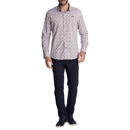 Chemise en coton blanc ornée de micro-motifs bleu et marron à coupe droite - Image 4
