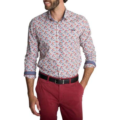 Chemise blanche à imprimé floral multicolore et feuillage à coupe droite