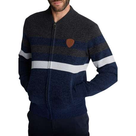 Gilet zippé à rayures en maille bleu marine et gris pourvu d'une coupe droite