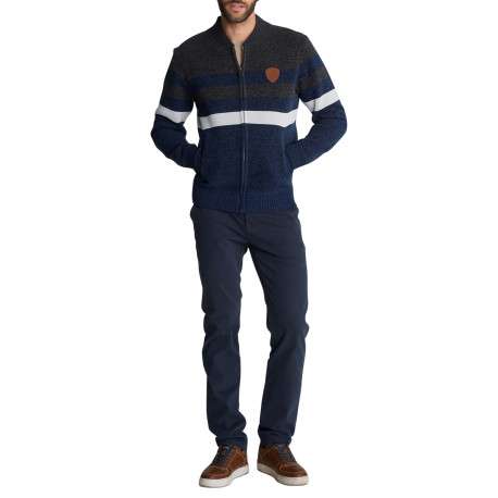 Gilet zippé à rayures en maille bleu marine et gris pourvu d'une coupe droite - Image 3