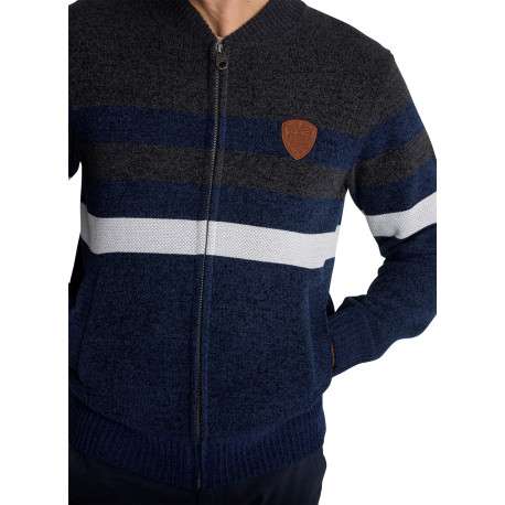 Gilet zippé à rayures en maille bleu marine et gris pourvu d'une coupe droite - Image 4