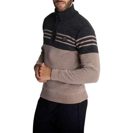 Pull taupe à col camionneur orné de rayures sur la poitrine à coupe droite - Image 3