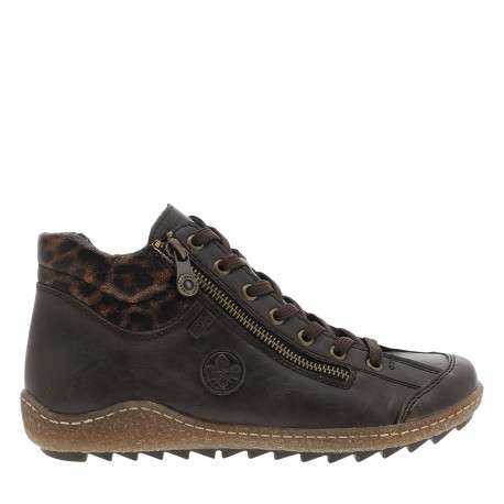 Bottines marron à talon plat ornées d'un empiècement léopard à lacets et zip
