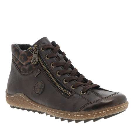 Bottines marron à talon plat ornées d'un empiècement léopard à lacets et zip - Image 2