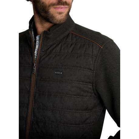 Veste bimatière zippée vert kaki en maille et suédine matelassée à coupe droite - Image 5