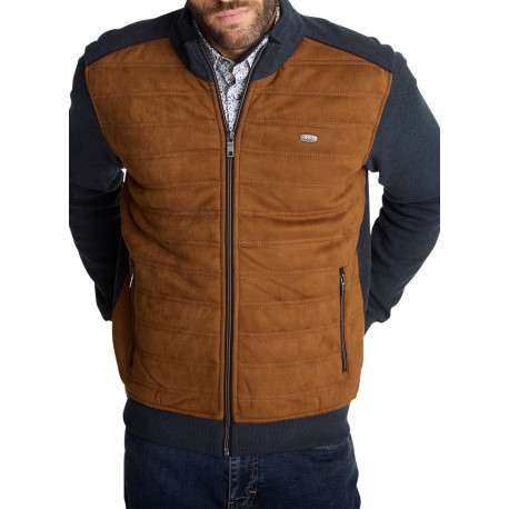 Veste bimatière zippée marron et bleu marine en maille et suédine matelassée