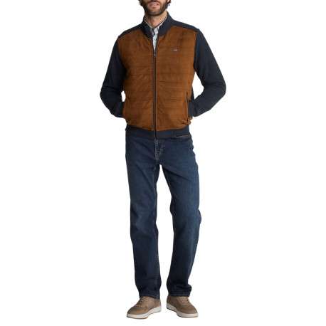 Veste bimatière zippée marron et bleu marine en maille et suédine matelassée - Image 3