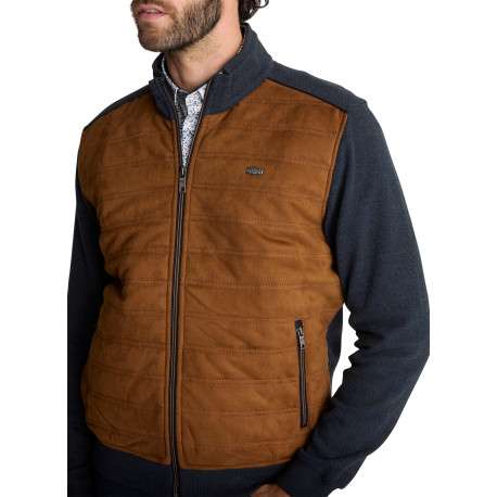 Veste bimatière zippée marron et bleu marine en maille et suédine matelassée - Image 4