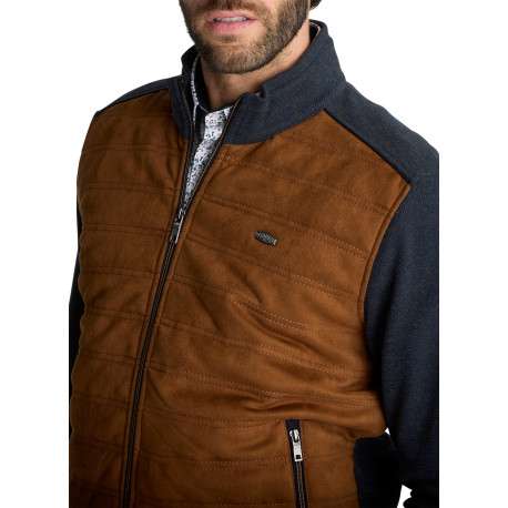 Veste bimatière zippée marron et bleu marine en maille et suédine matelassée - Image 5