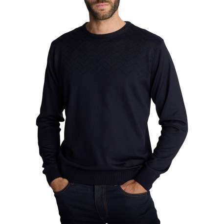 Pull en maille bleu marine à col rond et maille texturée en chevrons