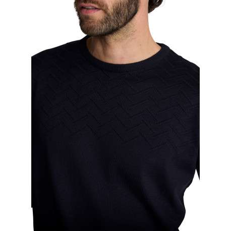 Pull en maille bleu marine à col rond et maille texturée en chevrons - Image 5