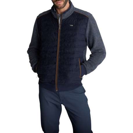 Veste bimatière zippée bleu foncé en maille piquée et suédine matelassée