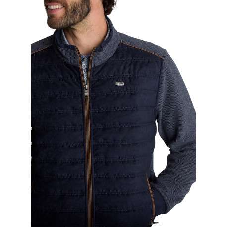 Veste bimatière zippée bleu foncé en maille piquée et suédine matelassée - Image 4