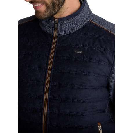 Veste bimatière zippée bleu foncé en maille piquée et suédine matelassée - Image 5