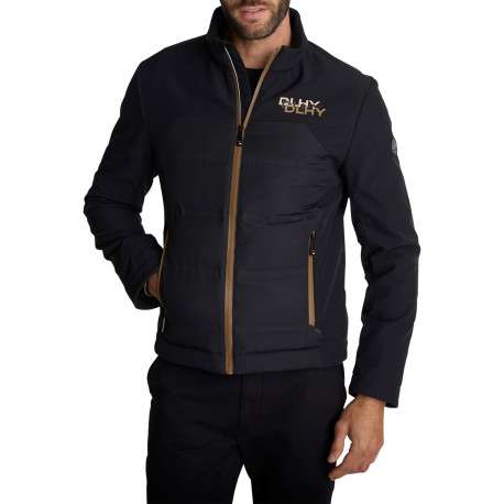 Blouson noir matelassé à col montant orné de détails logotypés et liseré marron