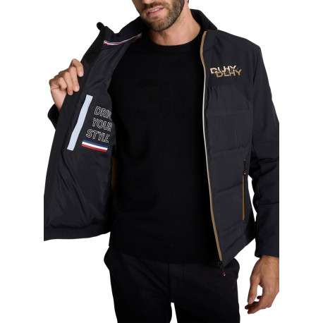 Blouson noir matelassé à col montant orné de détails logotypés et liseré marron - Image 3