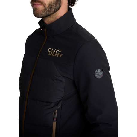 Blouson noir matelassé à col montant orné de détails logotypés et liseré marron - Image 5