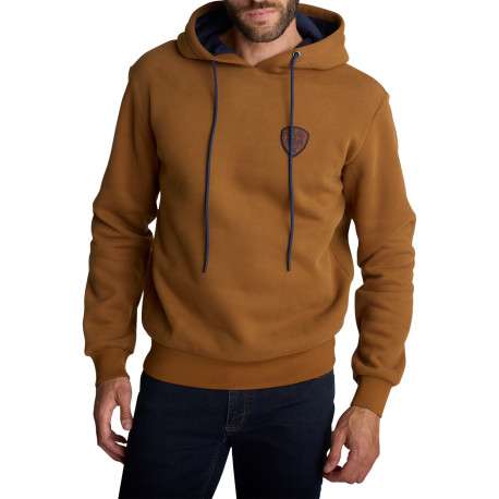 Sweat-shirt à capuche marron camel à cordon bleu et écusson de la marque
