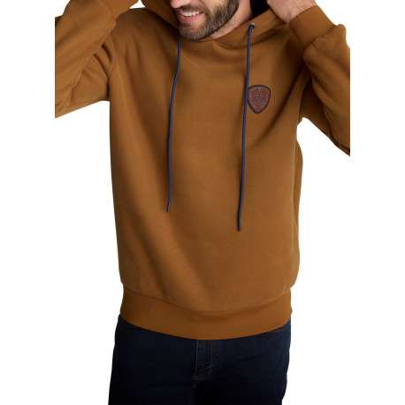 Sweat-shirt à capuche marron camel à cordon bleu et écusson de la marque - Image 3