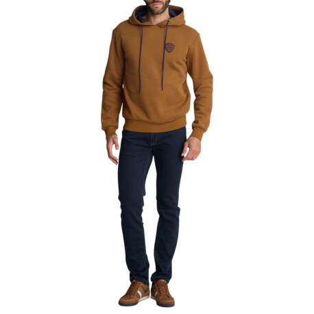 Sweat-shirt à capuche marron camel à cordon bleu et écusson de la marque - Image 4