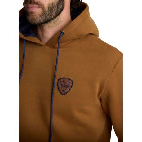 Sweat-shirt à capuche marron camel à cordon bleu et écusson de la marque - Image 5