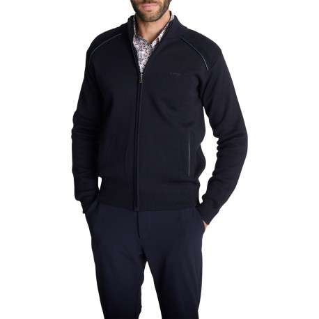 Gilet zippé en maille bleu marine à empiècements texturés aux épaules