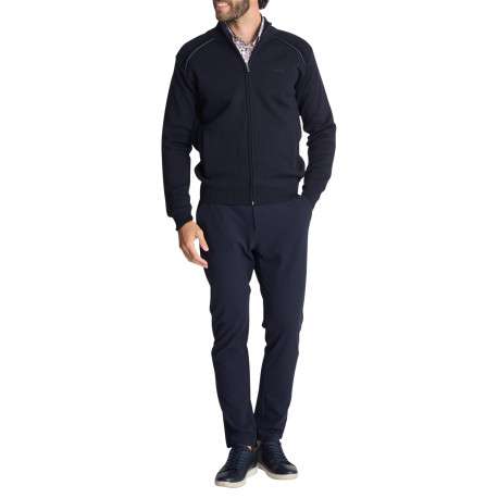 Gilet zippé en maille bleu marine à empiècements texturés aux épaules - Image 4