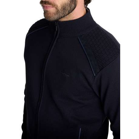 Gilet zippé en maille bleu marine à empiècements texturés aux épaules - Image 5