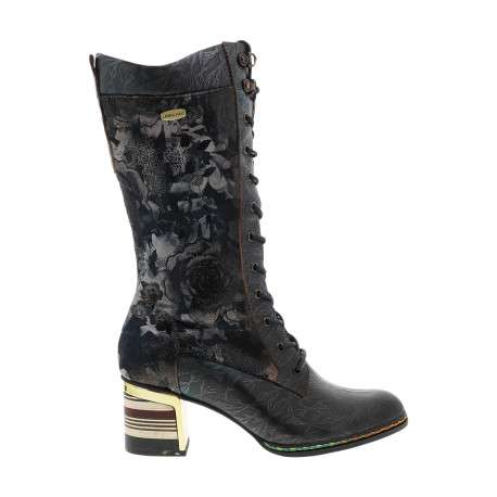 Bottes en cuir bleu marine fleuries à talon doré avec un décroché moyen