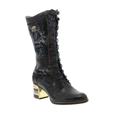Bottes en cuir bleu marine fleuries à talon doré avec un décroché moyen - Image 2