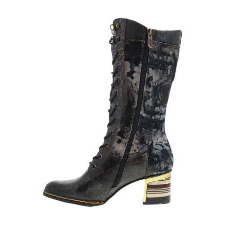 Bottes en cuir bleu marine fleuries à talon doré avec un décroché moyen - Image 3