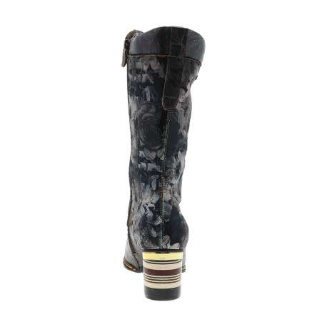 Bottes en cuir bleu marine fleuries à talon doré avec un décroché moyen - Image 4