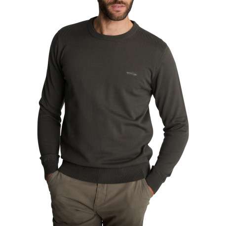 Pull kaki uni en maille avec des broderies apparentes sur les épaules - Image 3